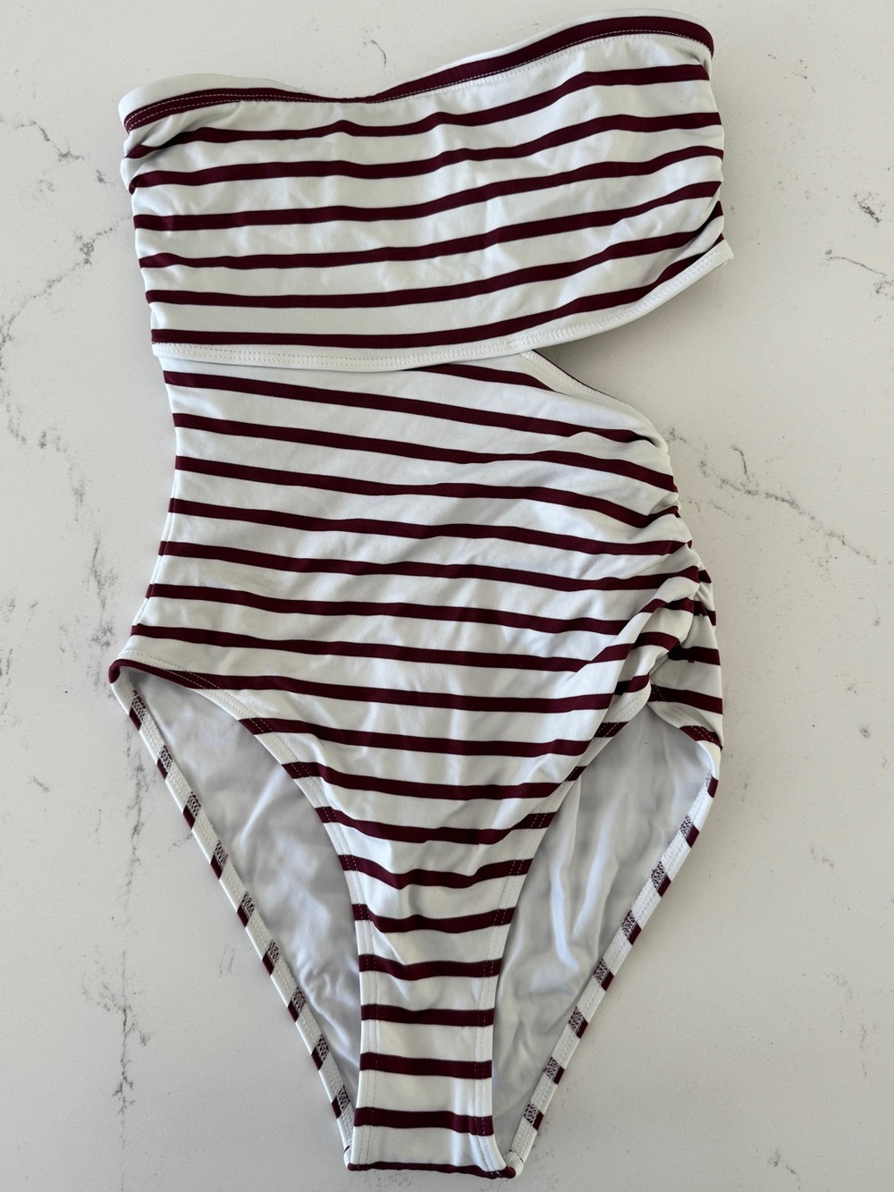 A.L.C. One Shoulder Cutout One Piece Swimsuit XS White Burgundy Stripe